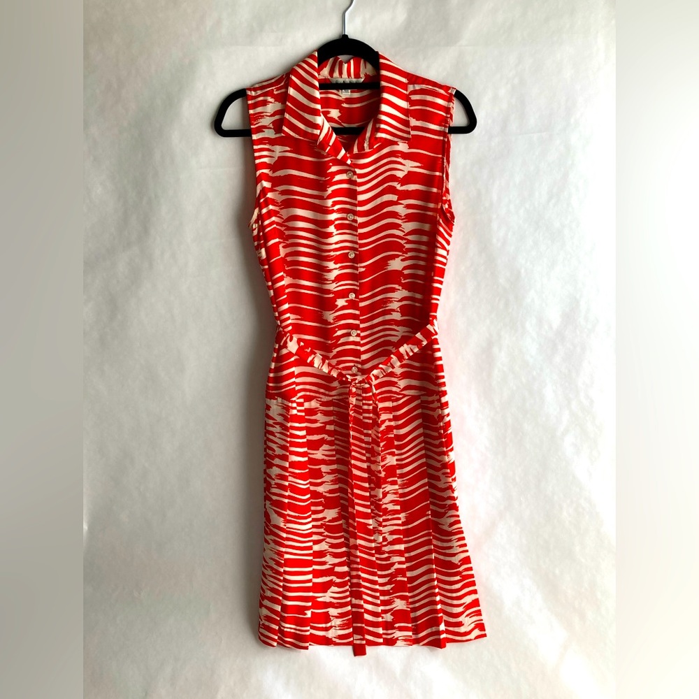 CAbi #281 Brushstroke Red Orange White Medium Shirt Dress with Belt Tie - Picture 2 of 9